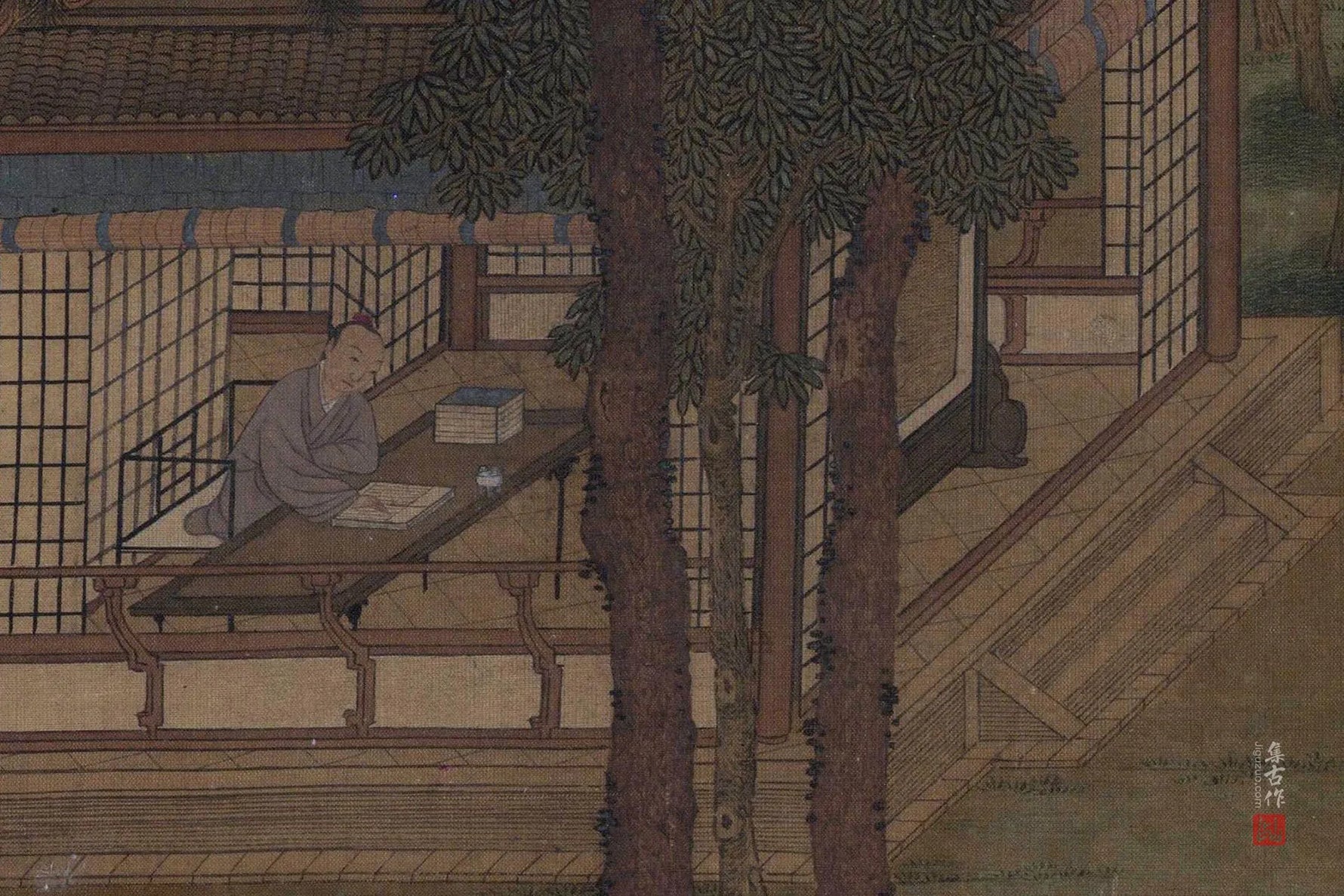 Southern Song literati study scene from antique scroll Reading in Mountain Studio, scholar reading beside a tiny celadon incense burner on wooden desk, tranquil traditional Chinese aromatic study aesthetic